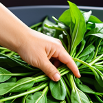 **

A vibrant, fresh selection of *rau muống* (water spinach). Focus on the deep green color, crisp leaves, and overall signs of freshness. Show no signs of wilting, damage, or pests. Perhaps include a hand inspecting the leaves closely. The image should convey the idea of quality control and careful inspection.

**