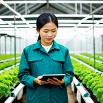 A professional Vietnamese agricultural expert, wearing a modest work jacket and appropriate attire, stands confidently in a modern smart farm greenhouse. They are holding a tablet, viewing real-time data from IoT sensors monitoring vibrant, healthy green vegetables. The background features advanced irrigation systems and controlled lighting, showcasing agricultural innovation. Professional photography, high-resolution, perfect anatomy, correct proportions, natural pose, well-formed hands, proper finger count, natural body proportions, fully clothed, modest clothing, appropriate attire, professional dress, safe for work, appropriate content, family-friendly.
