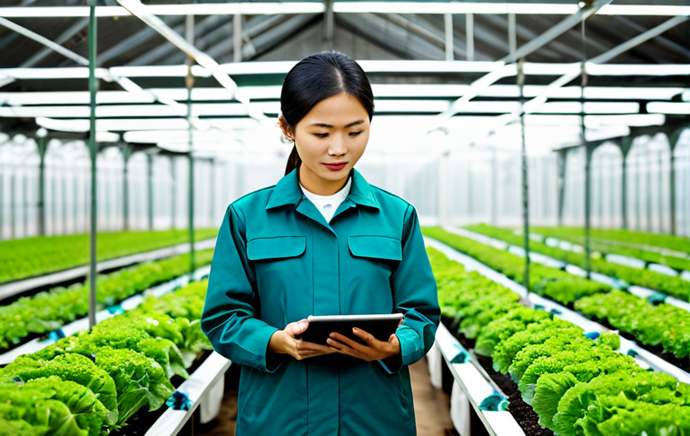 A professional Vietnamese agricultural expert, wearing a modest work jacket and appropriate attire, stands confidently in a modern smart farm greenhouse. They are holding a tablet, viewing real-time data from IoT sensors monitoring vibrant, healthy green vegetables. The background features advanced irrigation systems and controlled lighting, showcasing agricultural innovation. Professional photography, high-resolution, perfect anatomy, correct proportions, natural pose, well-formed hands, proper finger count, natural body proportions, fully clothed, modest clothing, appropriate attire, professional dress, safe for work, appropriate content, family-friendly.