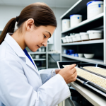 A professional female quality control specialist, fully clothed in a modest lab coat, meticulously operating a modern drying balance for agricultural products in a sterile, well-lit laboratory. She is focused on a sample of coffee beans on the balance pan. The background features blurred lab equipment and shelves of neatly organized samples. The image emphasizes precision and scientific rigor, safe for work, appropriate content, professional dress, perfect anatomy, correct proportions, natural pose, well-formed hands, proper finger count, natural body proportions, high-resolution, sharp focus.