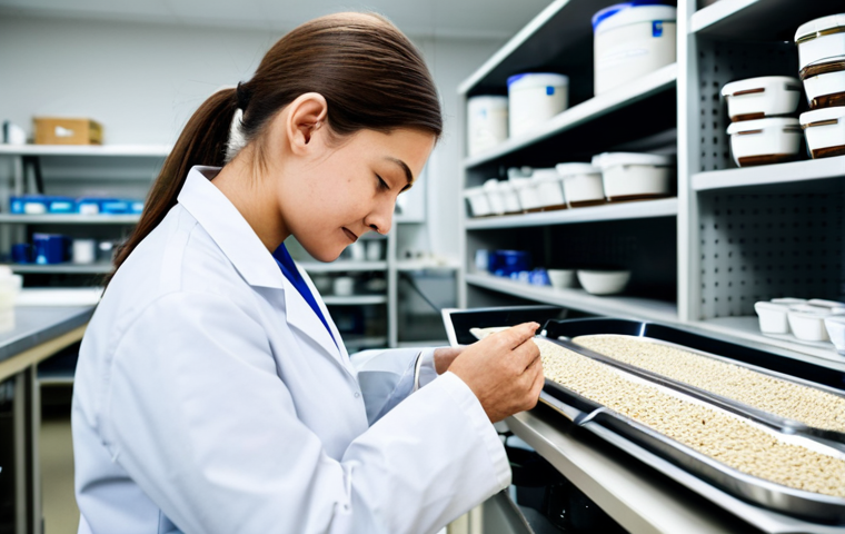 A professional female quality control specialist, fully clothed in a modest lab coat, meticulously operating a modern drying balance for agricultural products in a sterile, well-lit laboratory. She is focused on a sample of coffee beans on the balance pan. The background features blurred lab equipment and shelves of neatly organized samples. The image emphasizes precision and scientific rigor, safe for work, appropriate content, professional dress, perfect anatomy, correct proportions, natural pose, well-formed hands, proper finger count, natural body proportions, high-resolution, sharp focus.