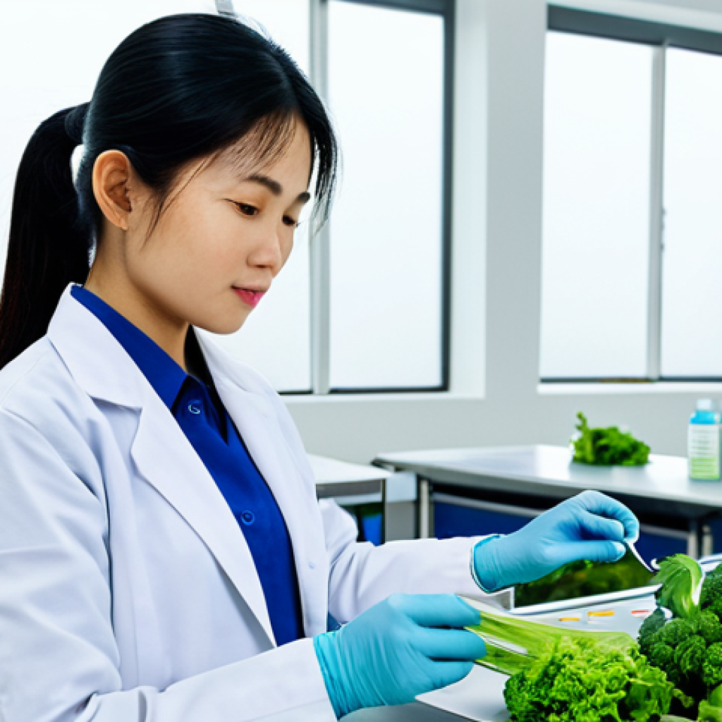 **

"A professional, fully clothed quality control specialist in a modern Vietnamese agricultural lab, examining a sample of organic vegetables. The lab is clean and well-lit, with advanced equipment visible in the background.  She is wearing appropriate attire for a lab environment. Safe for work, perfect anatomy, high resolution, professional."

**