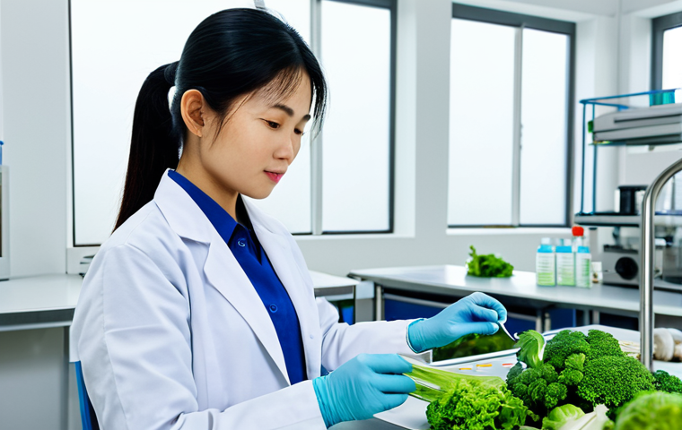 **
"A professional, fully clothed quality control specialist in a modern Vietnamese agricultural lab, examining a sample of organic vegetables. The lab is clean and well-lit, with advanced equipment visible in the background. She is wearing appropriate attire for a lab environment. Safe for work, perfect anatomy, high resolution, professional."
**