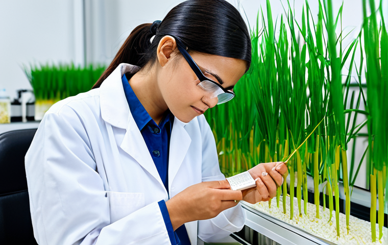 농산물품질관리사 실기시험 준비 팁 - **
A female agricultural scientist in a lab coat, fully clothed and wearing safety glasses, inspect...