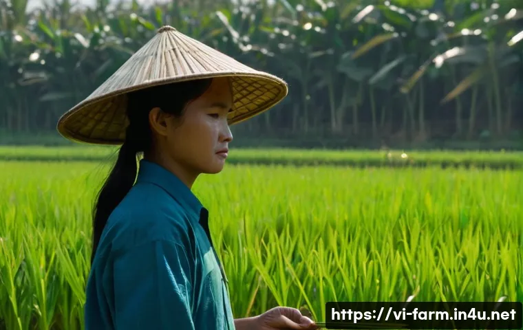 농산물품질관리사 시험 준비 전 체크사항 - **Prompt:** A sun-drenched rice paddy in the Mekong Delta, Vietnam. A young Vietnamese woman, wearin...