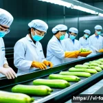 농산물품질관리사 자격증과 관련된 취업 분야 - A modern Vietnamese food processing factory interior, showing a diverse team of quality control spec...