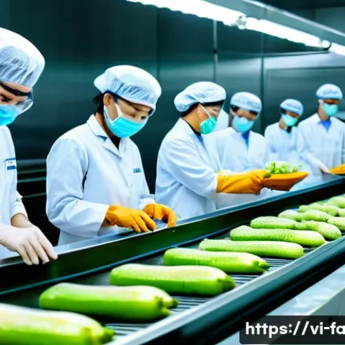 농산물품질관리사 자격증과 관련된 취업 분야 - A modern Vietnamese food processing factory interior, showing a diverse team of quality control spec...