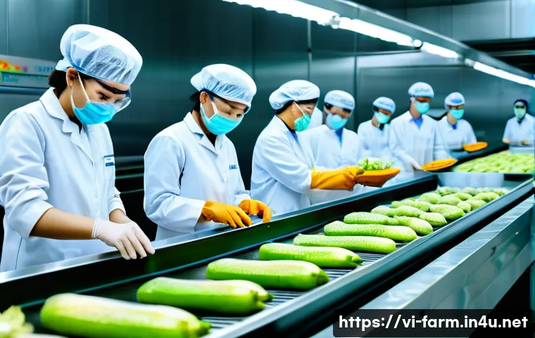 농산물품질관리사 자격증과 관련된 취업 분야 - A modern Vietnamese food processing factory interior, showing a diverse team of quality control spec...
