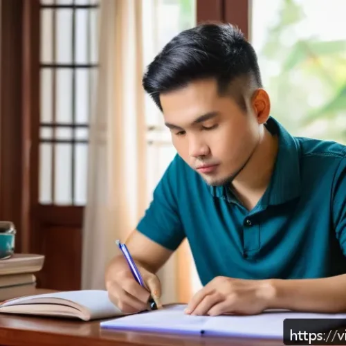농산물품질관리사 자격증 공부 일정 관리 - A focused Vietnamese adult student sitting at a tidy wooden desk in a cozy home study room, surround...