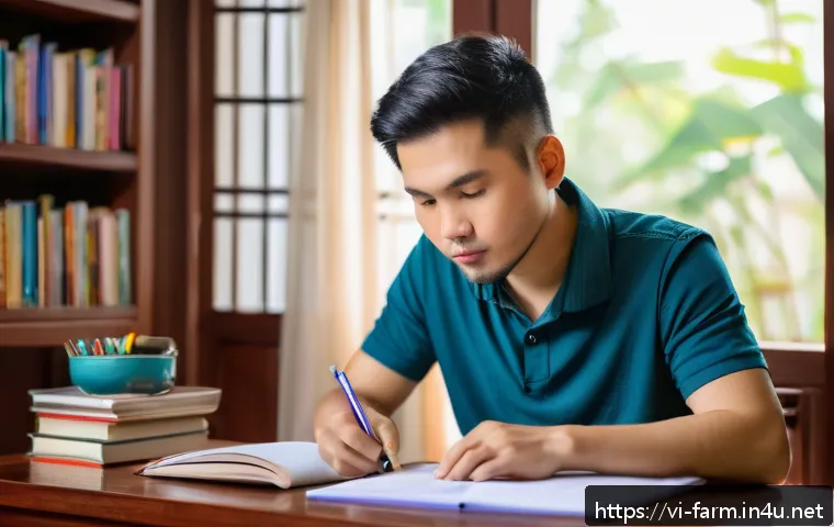 농산물품질관리사 자격증 공부 일정 관리 - A focused Vietnamese adult student sitting at a tidy wooden desk in a cozy home study room, surround...