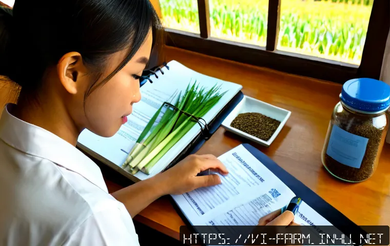 농산물품질관리사 자격증 공부법 - Photorealistic Vietnamese agricultural certification student studying at a tidy wooden desk, open il...