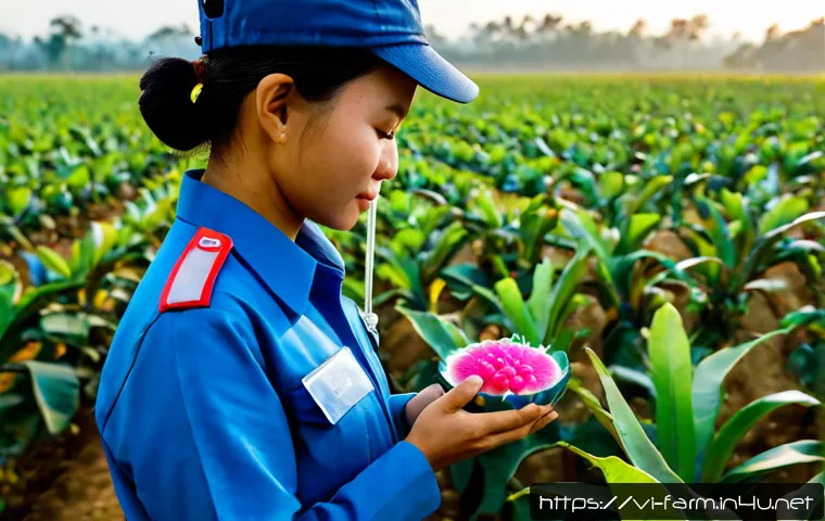 Home 30 농산물품질관리사 실무에서의 역할과 책임 - Photorealistic Vietnamese agricultural quality inspector in a neat field uniform examining fresh dra...